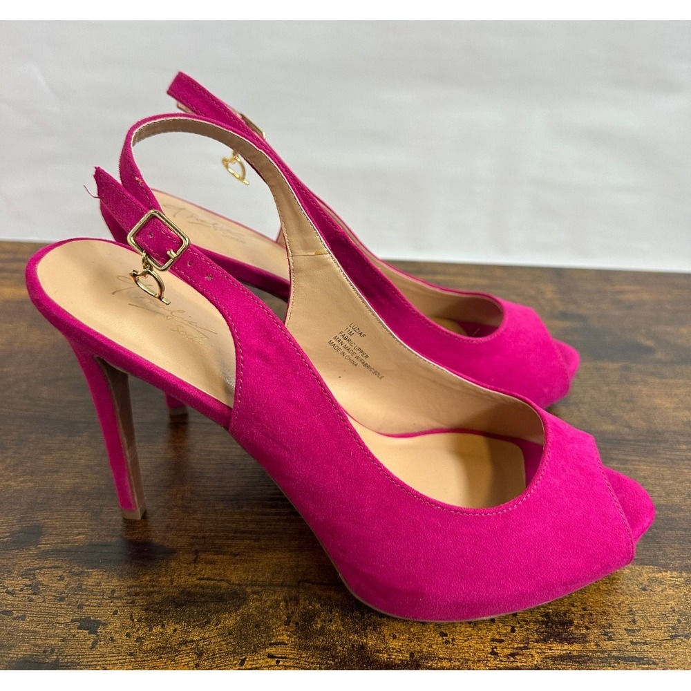 Thalia Sodi Luziaf Fuchsia Pink Faux Suede Pumps Peep Toe Slingback Heels 11 M - Picture 2 of 14